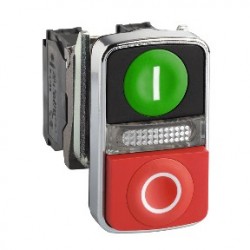 Green flush/red projecting illuminated double-headed pushbutton, diam:22, 1NO+1NC 24V