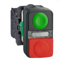 Green flush/red projecting illuminated double-headed pushbutton, diam: 22, 1NO+1NC 24V