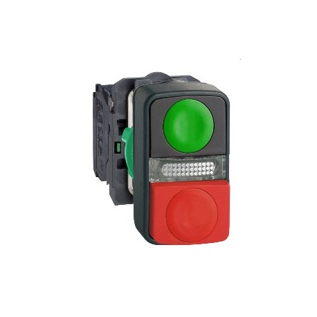 Green flush/red projecting illuminated double-headed pushbutton, diam: 22, 1NO+1NC 24V