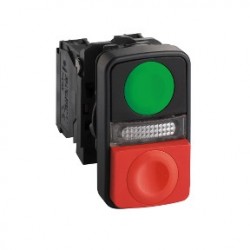 Green flush/red projecting illuminated double-headed pushbutton, diam: 22, 1NO+1NC, 240V