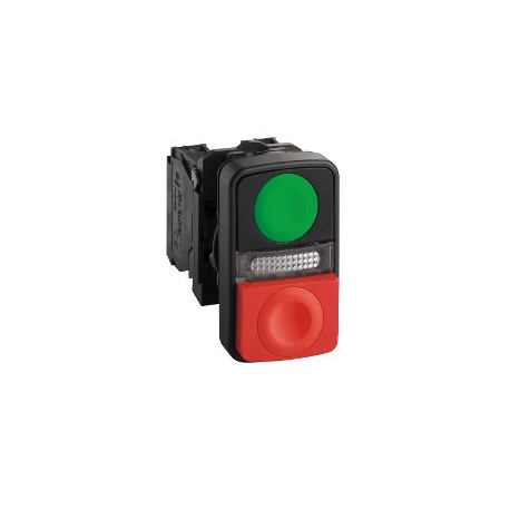 Green flush/red projecting illuminated double-headed pushbutton, diam: 22, 1NO+1NC, 240V