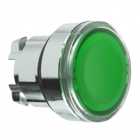 Green flush illuminated pushbutton head diameter 22, spring return for integral LED