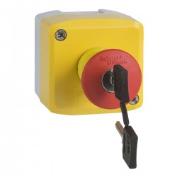 Yellow station, 1 red mushroom head pushbutton, diameter 40, key release, 1NO+1NC