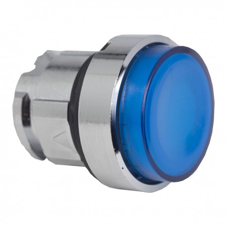 Blue projecting illuminated pushbutton head diameter 22, spring return, for integral LED