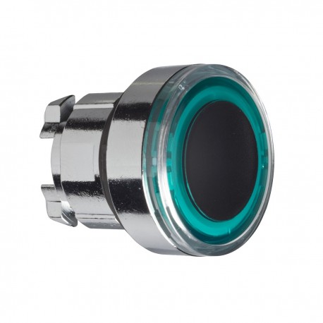 Green flush illuminated pushbutton head diameter 22, spring return for integral LED