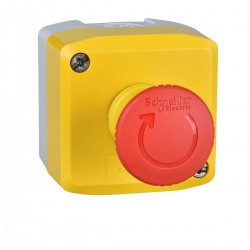 Yellow station, 1 red mushroom head pushbutton, diameter 40, turn to release, 1NO+1NC