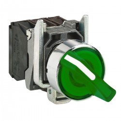 Complete illuminated selector switch, Green, diameter 22, 3 positions, stay put, 1NO, 1NC, 24V