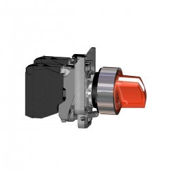 Complete illuminated selector switch, red, diameter 22, 3 positions, stay put, 1NO, 1NC, 24V