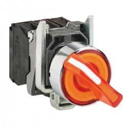 Complete illuminated selector switch, orange, diameter 22, 3 positions, stay put, 1NO, 1NC, 24V