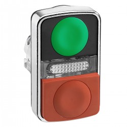 Green flush, red projecting illuminated double-headed pushbutton diameter 22, unmarked