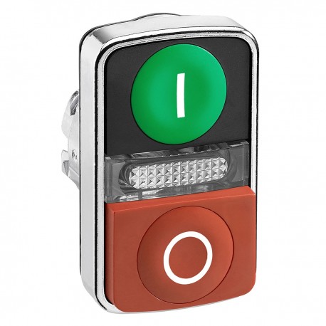 Green flush, red projecting illuminated double-headed pushbutton diameter 22, with marking