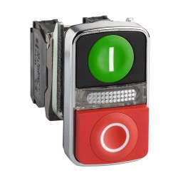 Upušteno zeleno, istaknuto crveno svjetleće tipkalo s dvije glave promjera 22, 1R i 1M kontakt, 120V