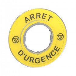 Marked legend, diameter 60 for emergency stop, ARRET D'URGENCE, logo ISO13850