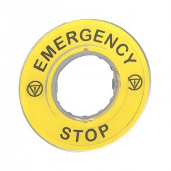 Marked legend, diameter 60 for emergency stop,  EMERGENCY STOP, logo ISO13850