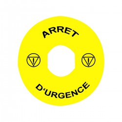 Marked legend, diameter 90 for emergency stop,  ARRET D'URGENCE, logo ISO13850