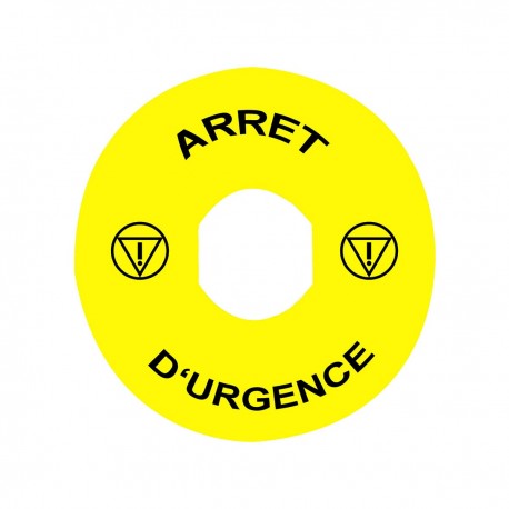 Marked legend, diameter 90 for emergency stop,  ARRET D'URGENCE, logo ISO13850