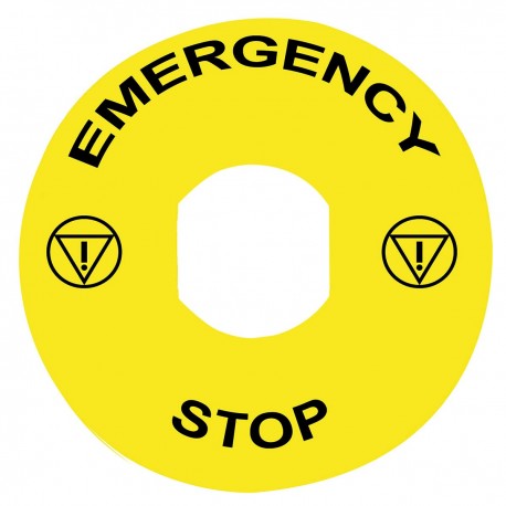 Marked legend, diameter 90 for emergency stop,  EMERGENCY STOP, logo ISO13850