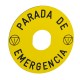 Marked legend, diameter 90 for emergency stop, PARADA DE EMERGENCIA, logo ISO13850