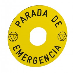 Marked legend, diameter 90 for emergency stop, PARADA DE EMERGENCIA, logo ISO13850