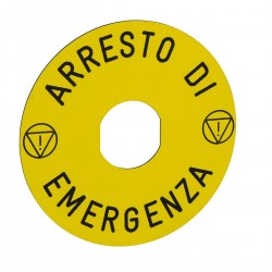 Marked legend, diameter 90 for emergency stop, ARRESTO DE EMERGENZA, logo ISO13850