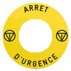 Marked legend, diameter 60 for emergency stop,  ARRET D'URGENCE, logo ISO13850