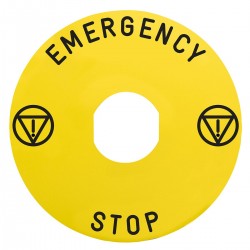 Marked legend, diameter 60 for emergency stop,  EMERGENCY STOP, logo ISO13850