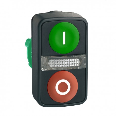 Green flush, red flush illuminated double headed pushbutton diameter 22, with marking