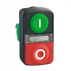 Green flush, red projecting illuminated double headed pushbutton diameter 22, with marking