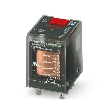 Plug-in industrial relay in basic design with power contacts, 4 changeover contacts, test button, status LED, mechanical switch