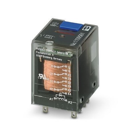 Plug-in industrial relay with power contacts, 4 changeover contacts, test button, status LED, mechanical switch position indica