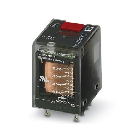Plug-in industrial relay with power contacts, 4 changeover contacts, test button, status LED, mechanical switch position indica