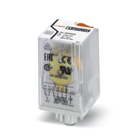 Pluggable octal relay with power contacts, 3 PDT, test button, mechanical switching position indication, coil voltage 120 V AC.