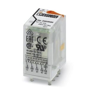 Industrijski utični relej s power kontaktima, 4 PDT, test gumb, LED indikator, mehanički indikator, položaja, napon zavojnice: 24 V AC. REL-IR4/L- 24AC/4X21